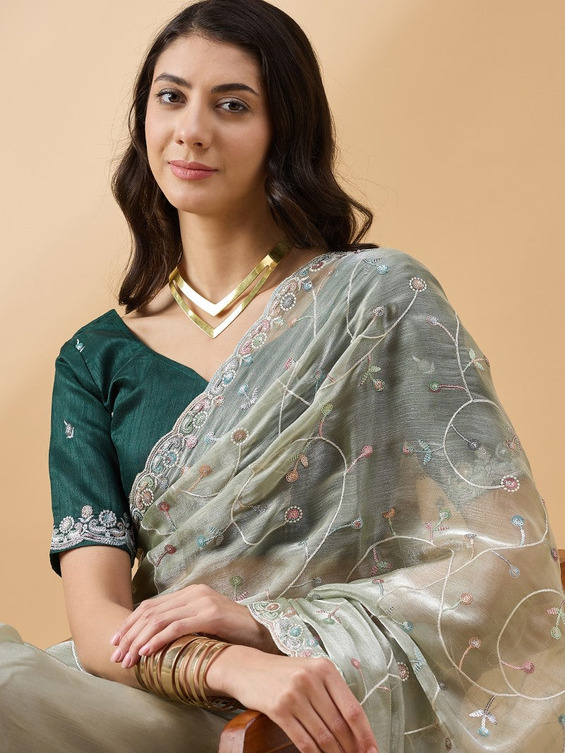 Light Green Organza Saree With Embroidery and Sequins Work