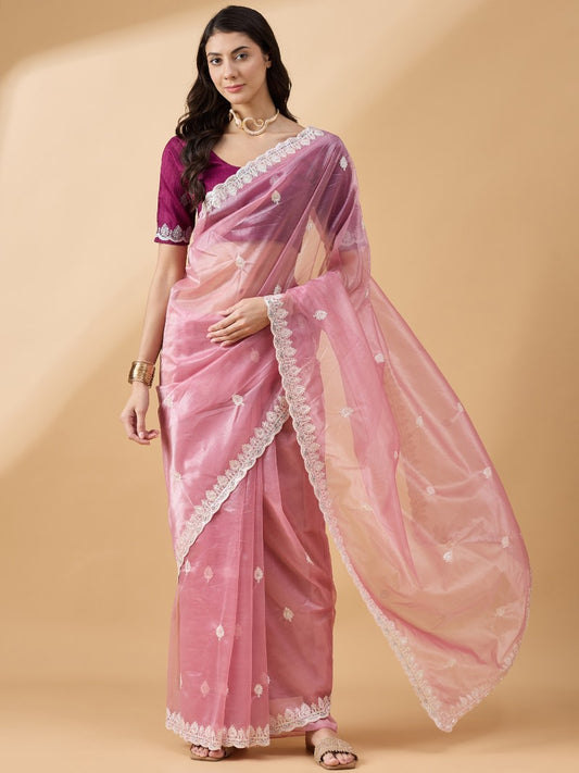Pink Organza Saree With Embroidery and Sequins Work