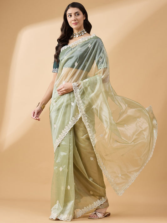 Pista Green Organza Saree With Embroidery and Sequins Work