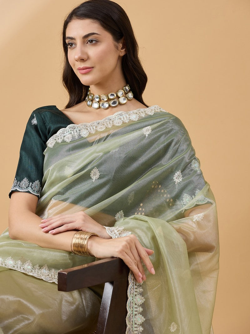 Pista Green Organza Saree With Embroidery and Sequins Work