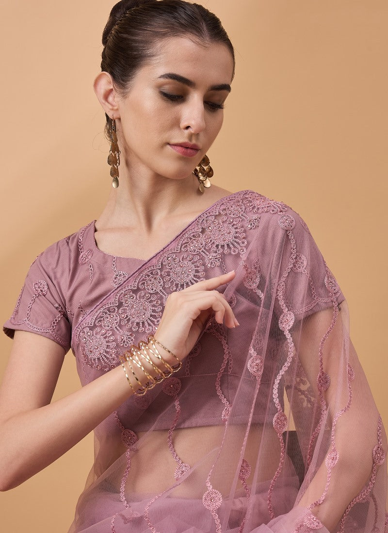 Light Purple Net Saree With Embroidery Work
