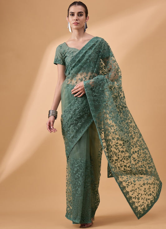 Green Net Saree With Embroidery Work