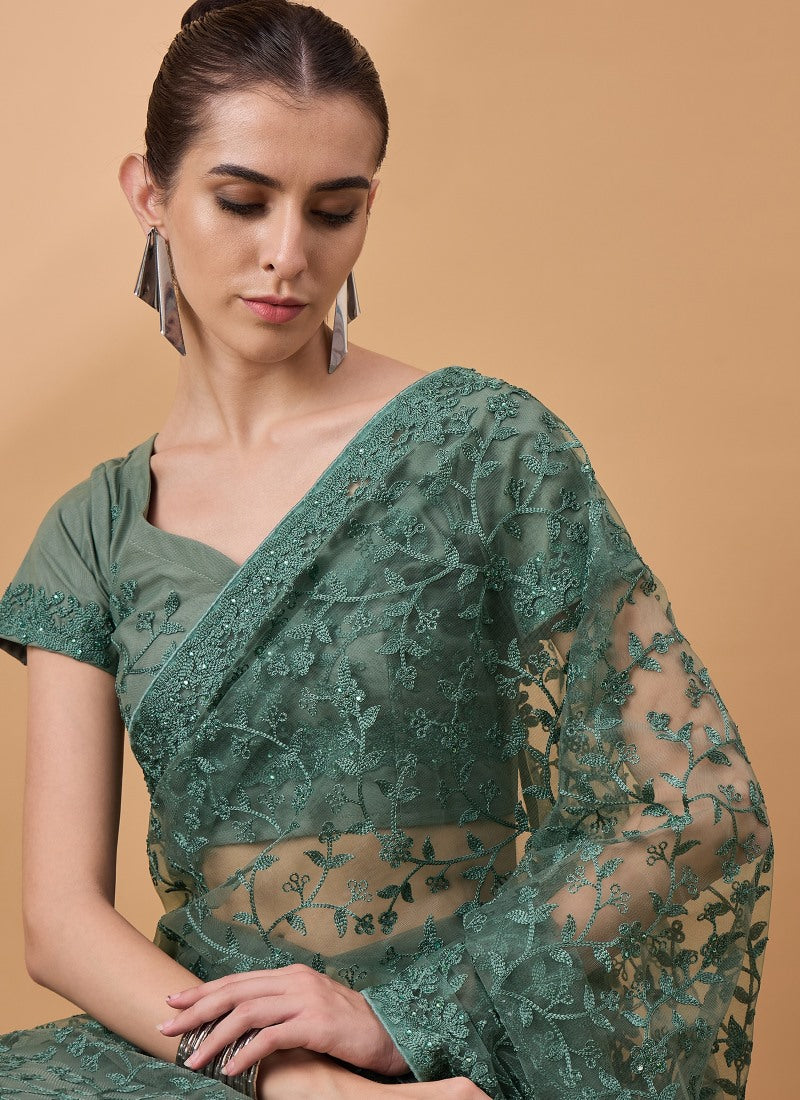 Green Net Saree With Embroidery Work