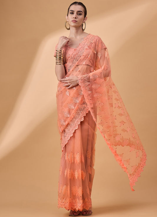 Peach Net Saree With Embroidery Work