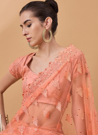 Peach Net Saree With Embroidery Work