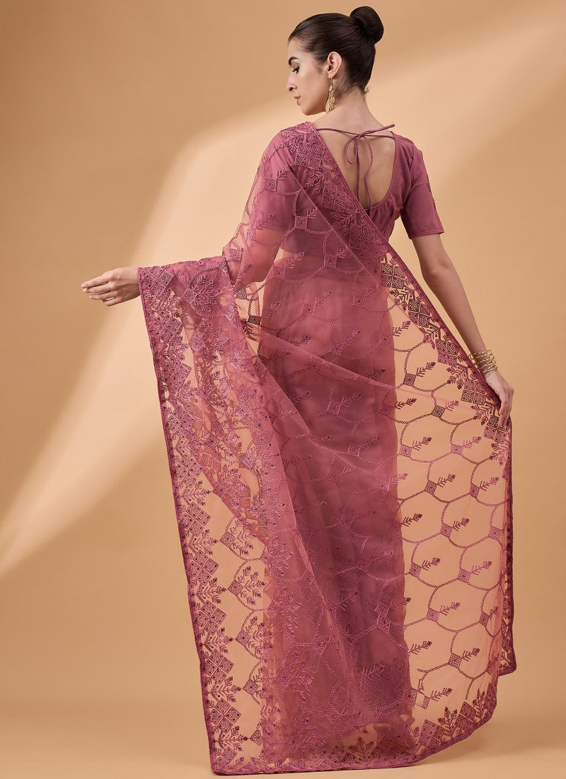 Wine Net Saree With Embroidery Work