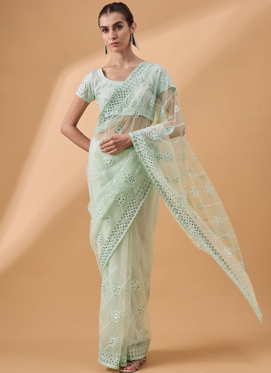 Light Green Net Saree With Embroidery Work