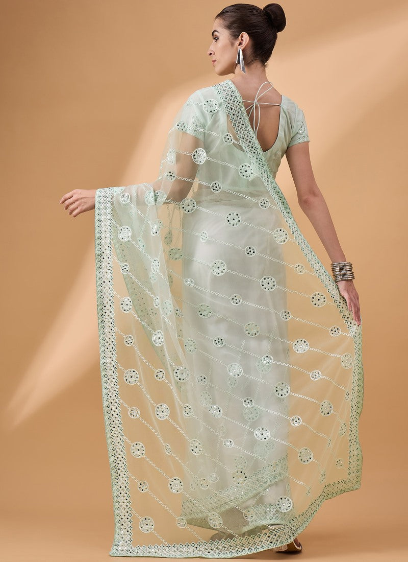 Light Green Net Saree With Embroidery Work