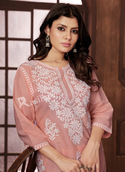 Peach Cotton Pant Style Salwar Suit With Embroidery Work