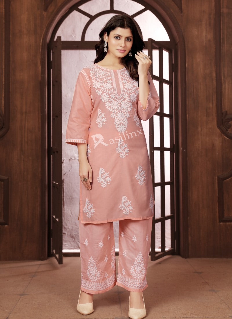 Peach Cotton Pant Style Salwar Suit With Embroidery Work