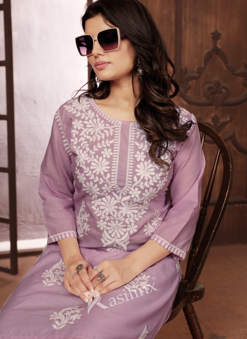 Lavender Cotton Pant Style Salwar Suit With Embroidery Work