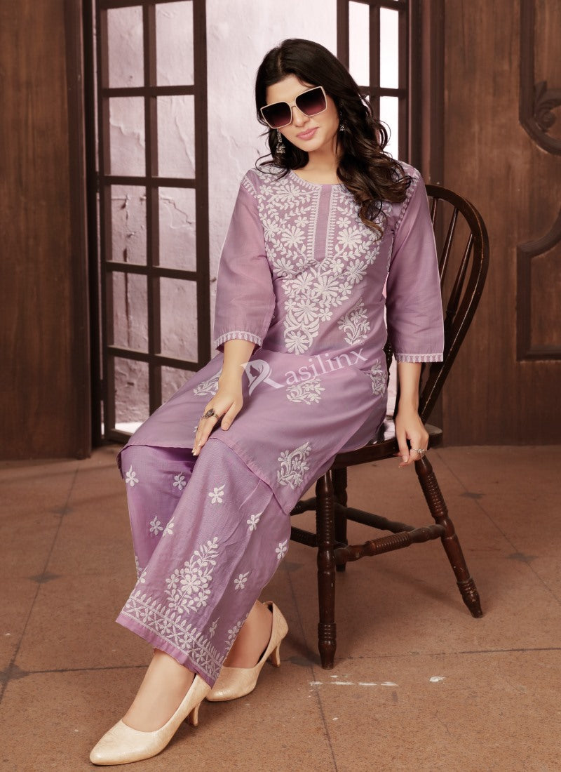 Lavender Cotton Pant Style Salwar Suit With Embroidery Work