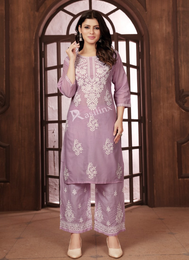 Lavender Cotton Pant Style Salwar Suit With Embroidery Work