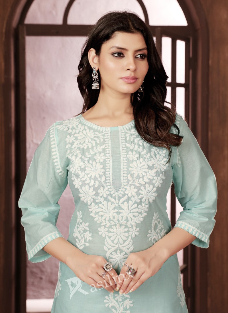 Light Green Cotton Pant Style Salwar Suit With Embroidery Work