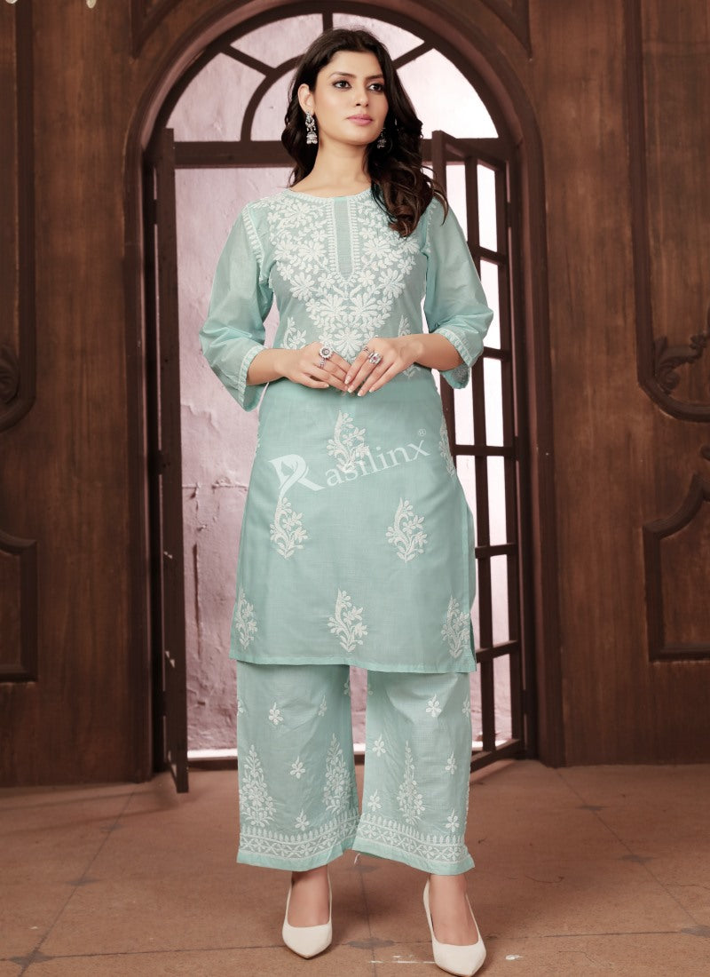 Light Green Cotton Pant Style Salwar Suit With Embroidery Work