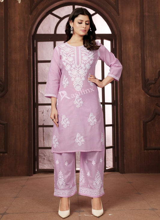 Pink Cotton Pant Style Salwar Suit With Embroidery Work