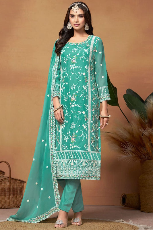 Sea Green Organza Pant Style Salwar Suit With Embroidery Work