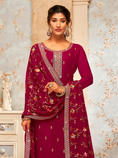 Magenta Georgette Palazzo Salwar Suit With Embroidery Work