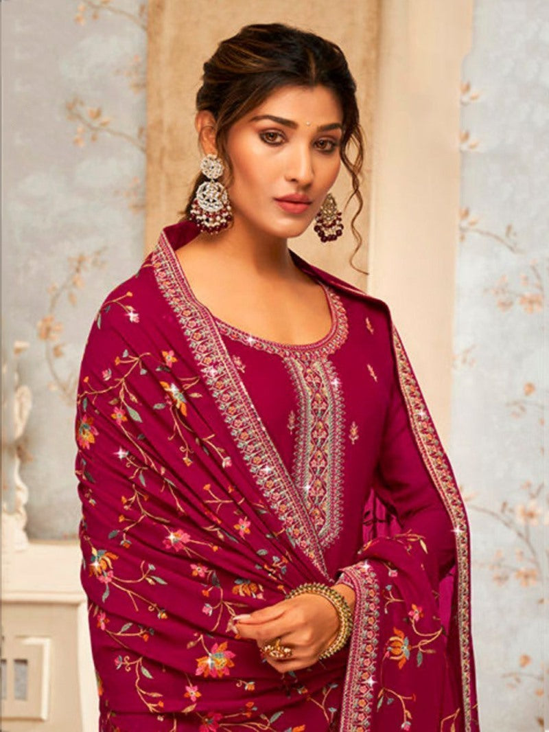 Magenta Georgette Palazzo Salwar Suit With Embroidery Work