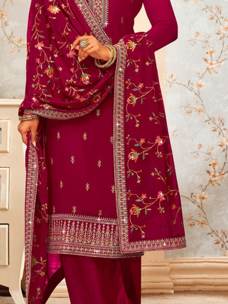 Magenta Georgette Palazzo Salwar Suit With Embroidery Work