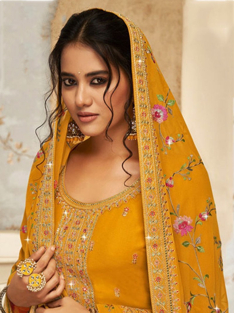 Yellow Georgette Palazzo Salwar Suit With Embroidery Work