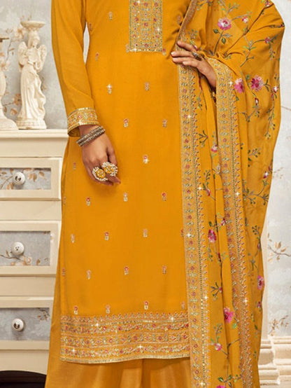 Yellow Georgette Palazzo Salwar Suit With Embroidery Work