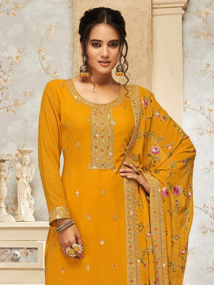 Yellow Georgette Palazzo Salwar Suit With Embroidery Work