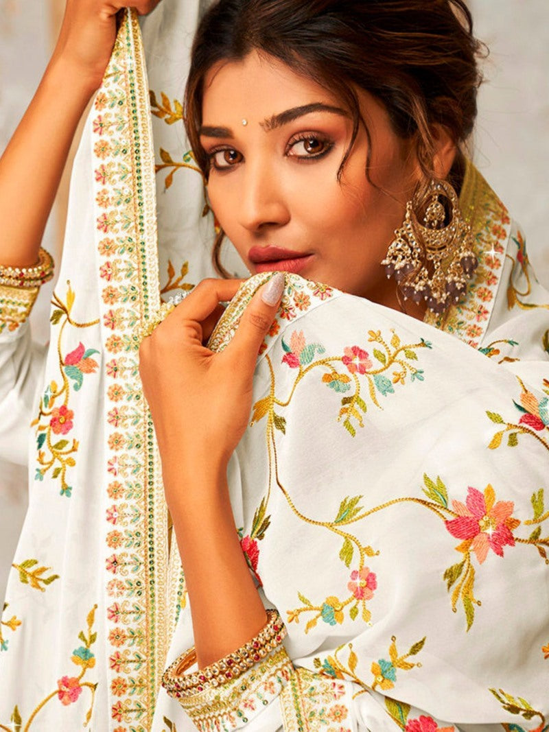 White Georgette Palazzo Salwar Suit With Embroidery Work