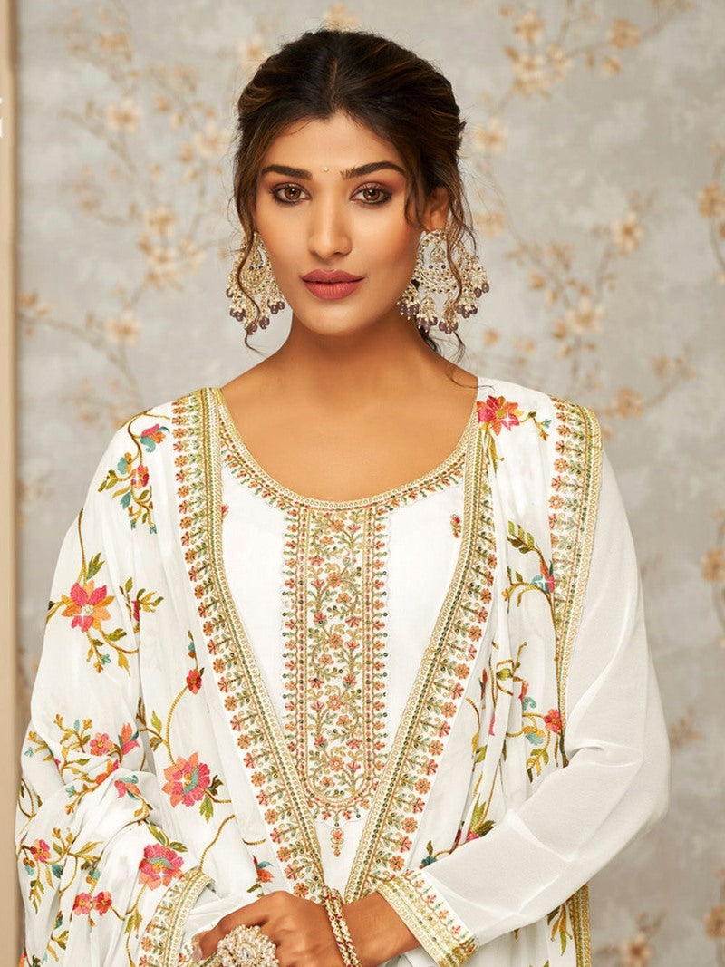 White Georgette Palazzo Salwar Suit With Embroidery Work