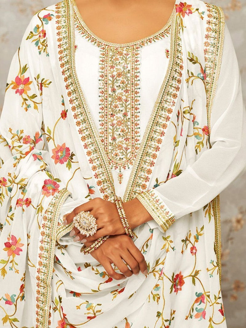 White Georgette Palazzo Salwar Suit With Embroidery Work