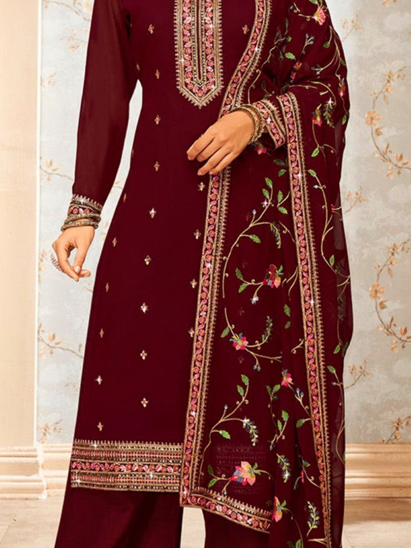 Maroon Georgette Palazzo Salwar Suit With Embroidery Work