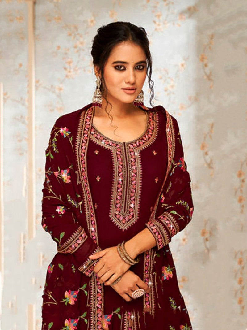 Maroon Georgette Palazzo Salwar Suit With Embroidery Work