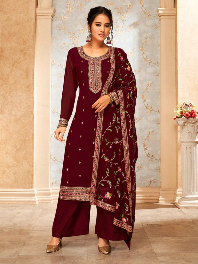 Maroon Georgette Palazzo Salwar Suit With Embroidery Work