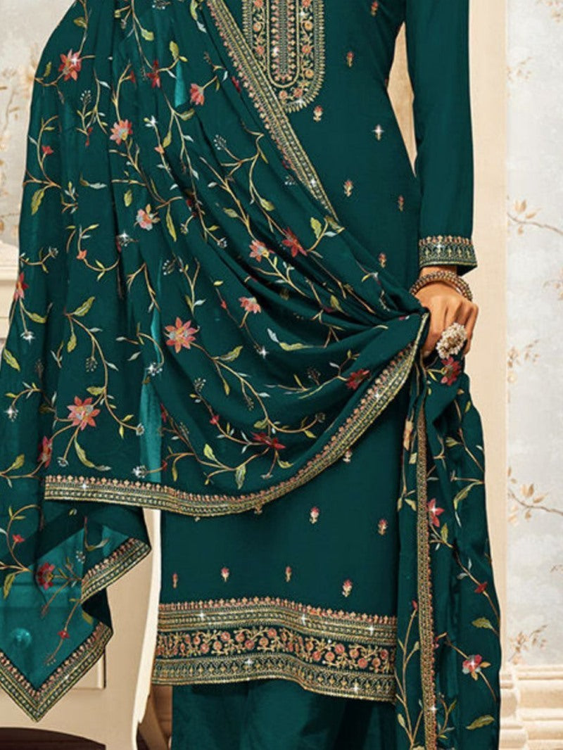 Green Georgette Palazzo Salwar Suit With Embroidery Work