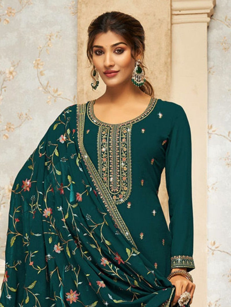 Green Georgette Palazzo Salwar Suit With Embroidery Work