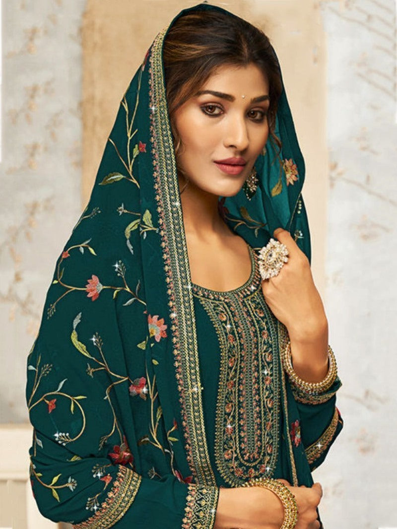 Green Georgette Palazzo Salwar Suit With Embroidery Work