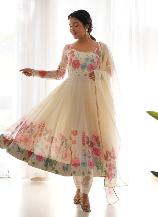 Off White Organza Anarkali Suit