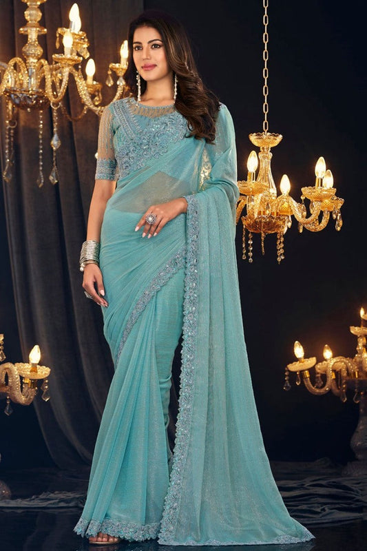 Sky Blue Georgette Designer Saree with Embroidery Work