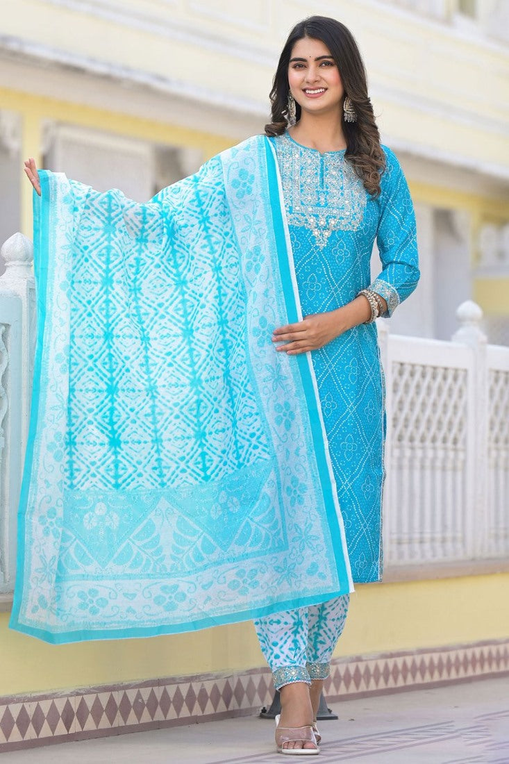 Sky Blue Cotton Bandhani Salwar Kameez Dress