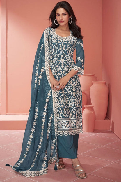 Teal Blue Silk Long Straight Cut Palazzo Suit