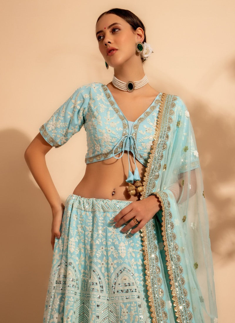 Sky Blue Georgette Lehenga Choli With Thread and Sequins Work