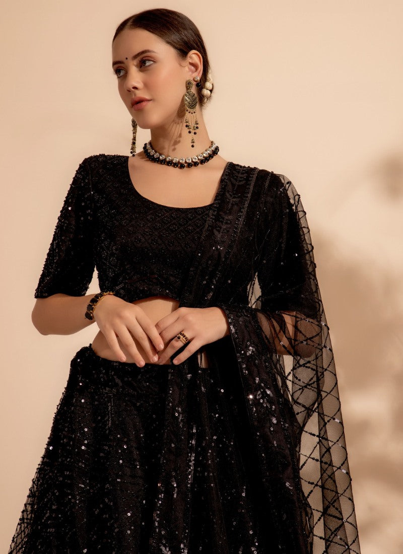Black Georgette Lehenga Choli With Thread and Sequins Work