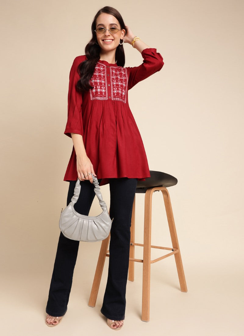 Red Rayon Crop Top Short Kurti