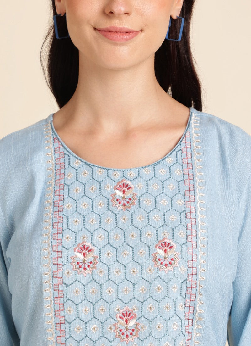 Sky Blue Rayon Crop Top Short Kurti