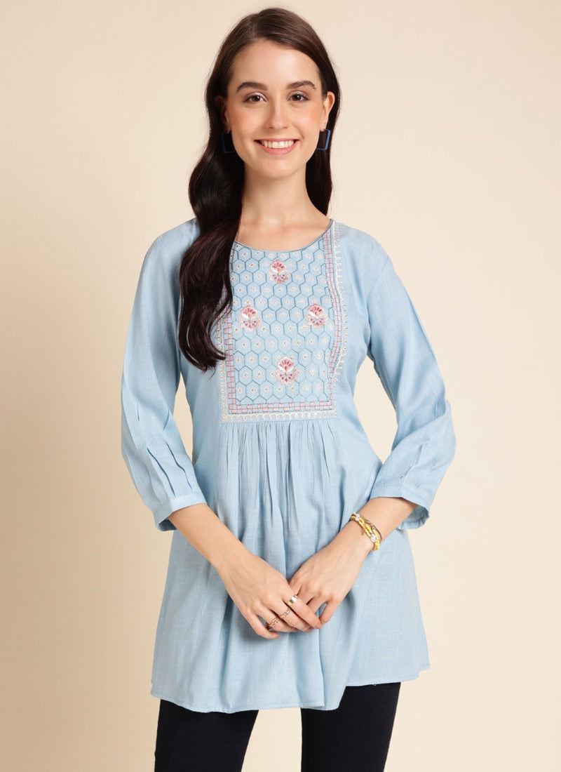 Sky Blue Rayon Crop Top Short Kurti