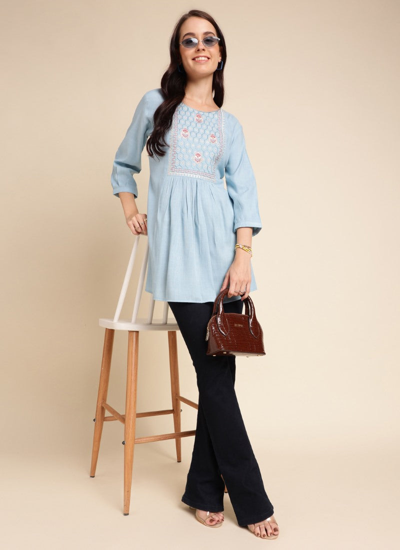 Sky Blue Rayon Crop Top Short Kurti