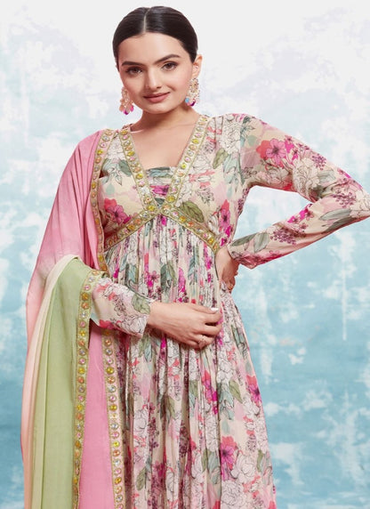 Pink Georgette Printed Anarkali Suit