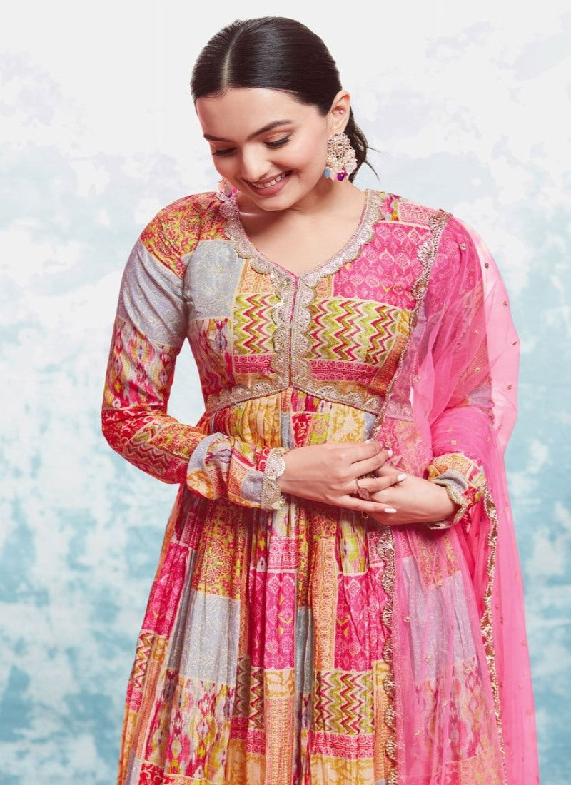 Pink Georgette Printed Anarkali Suit