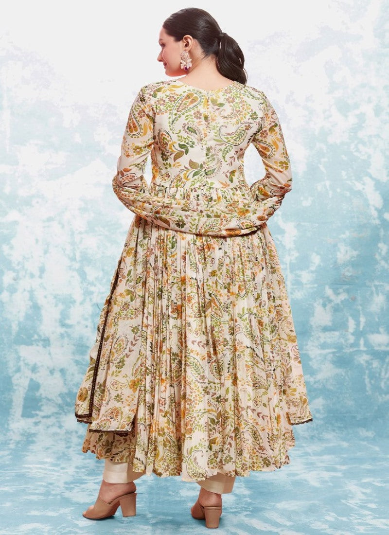 Cream Georgette Printed Anarkali Suit