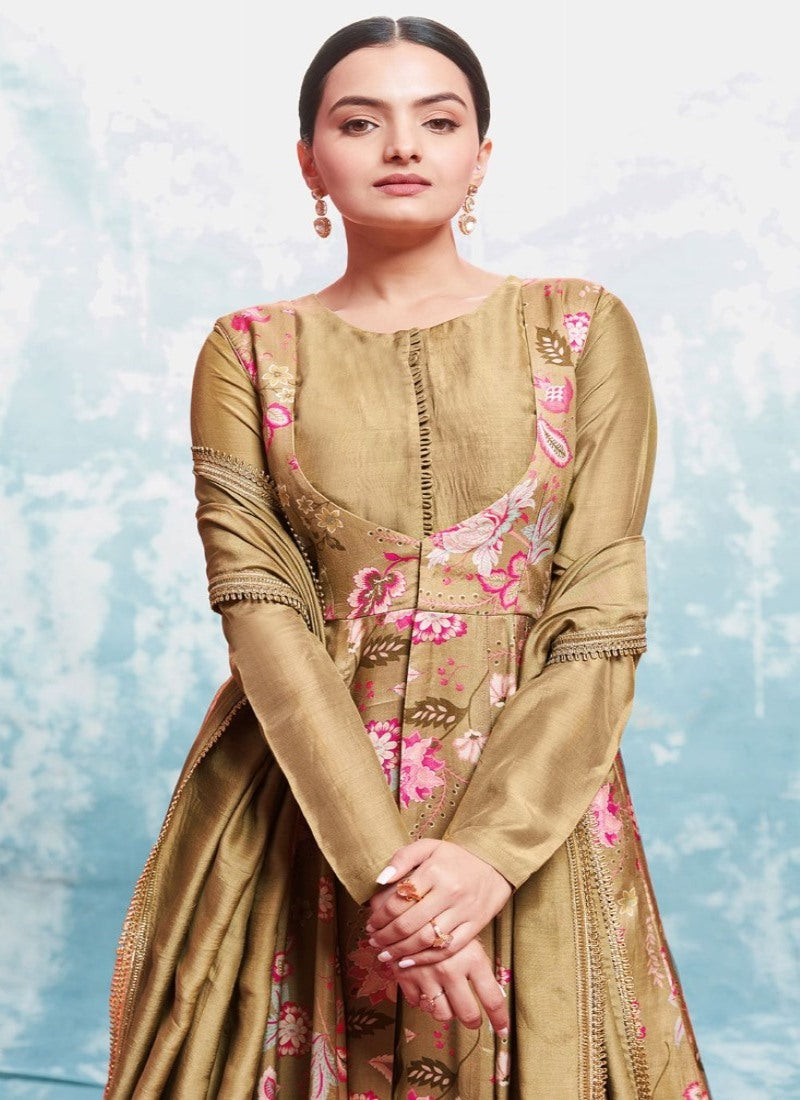 Brown Georgette Printed Anarkali Suit